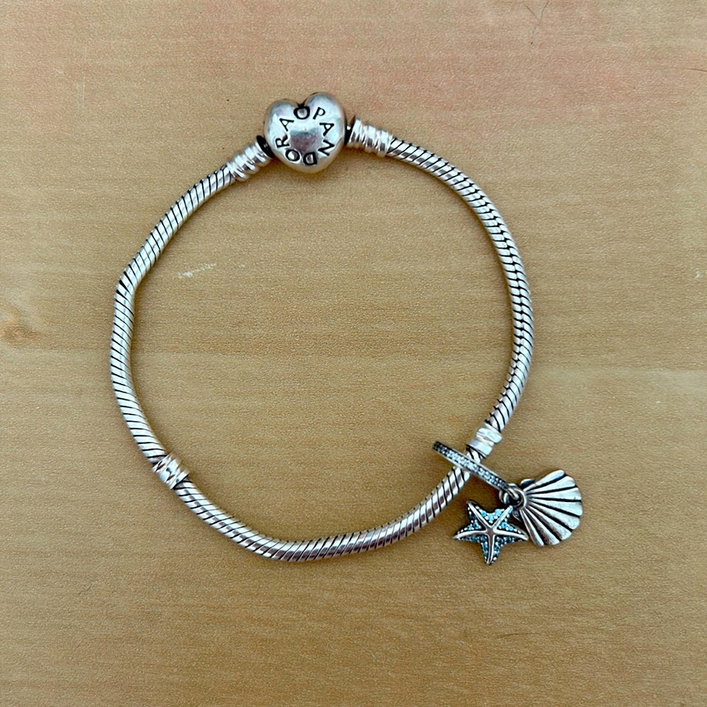Pandora Heart clasp snake charm + included starfish seashell dangle charm